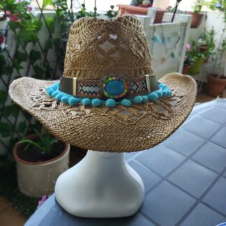 Cowboy camel con tira madroños algodón turquesa