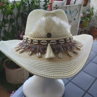 Cowboy marfil con plumas, flecos multicolor de algodón